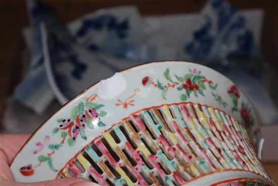 A Chinese famille rose basket and stand and a blue and white bowl, both a.f.